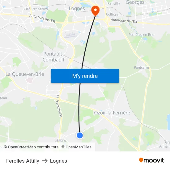 Ferolles-Attilly to Lognes map