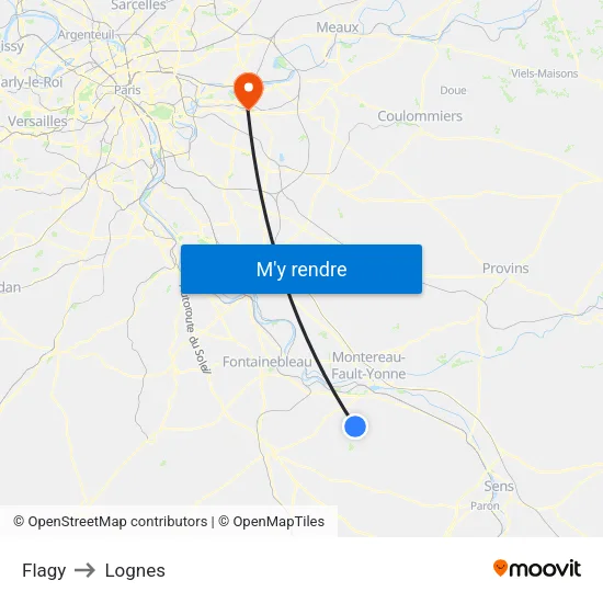 Flagy to Lognes map
