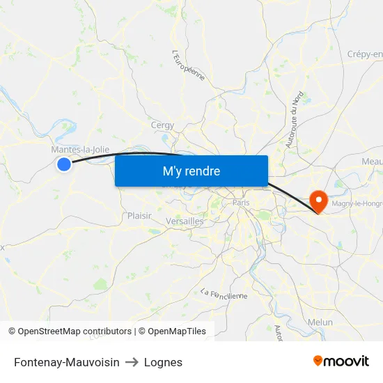 Fontenay-Mauvoisin to Lognes map