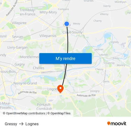 Gressy to Lognes map
