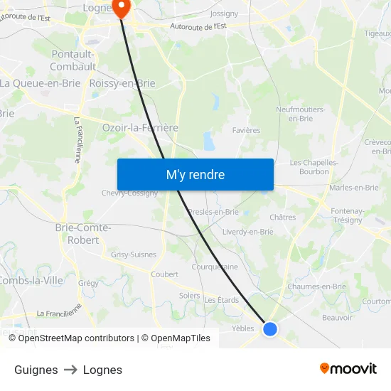 Guignes to Lognes map