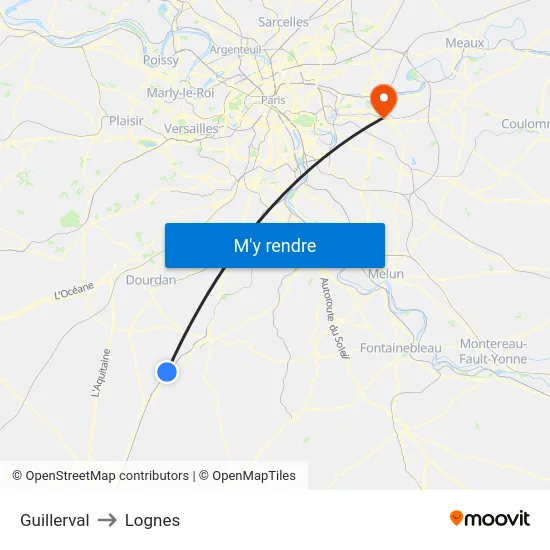 Guillerval to Lognes map