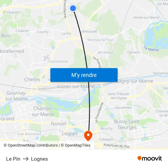 Le Pin to Lognes map