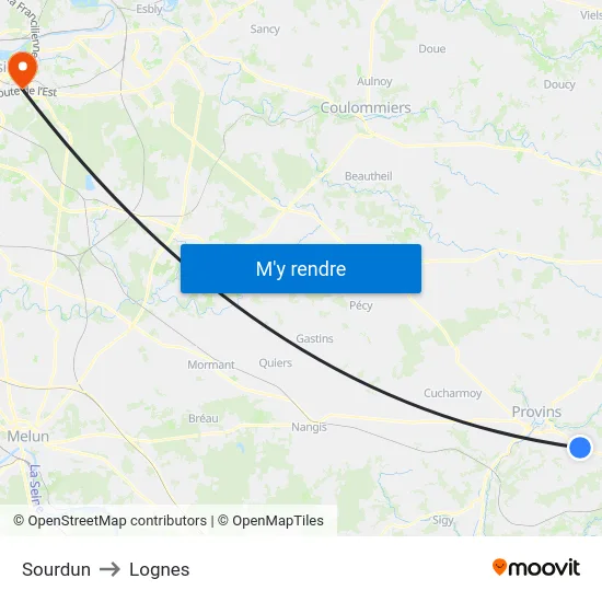 Sourdun to Lognes map