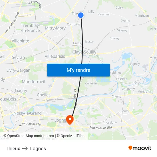 Thieux to Lognes map