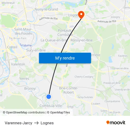 Varennes-Jarcy to Lognes map