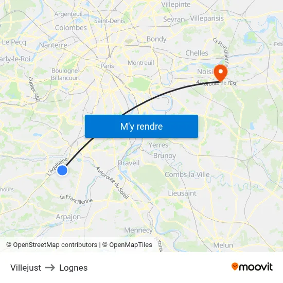 Villejust to Lognes map