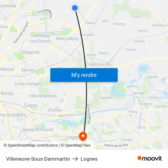 Villeneuve-Sous-Dammartin to Lognes map
