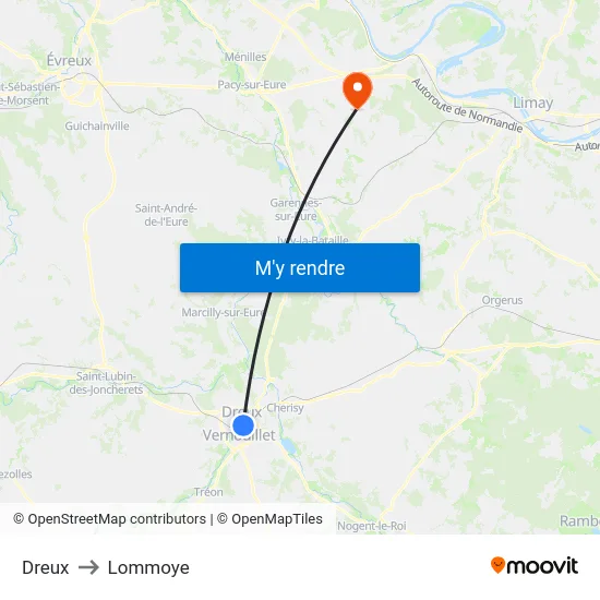 Dreux to Lommoye map