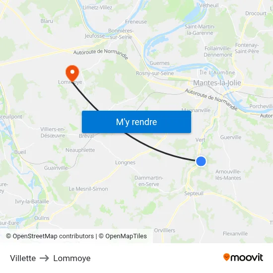 Villette to Lommoye map
