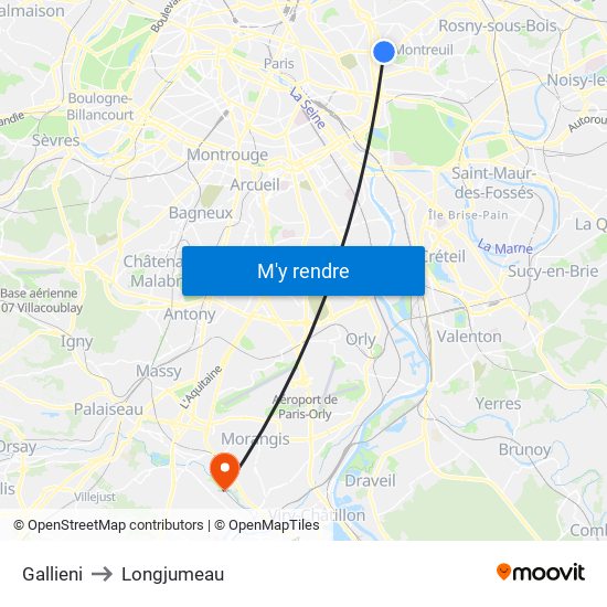 Gallieni to Longjumeau map