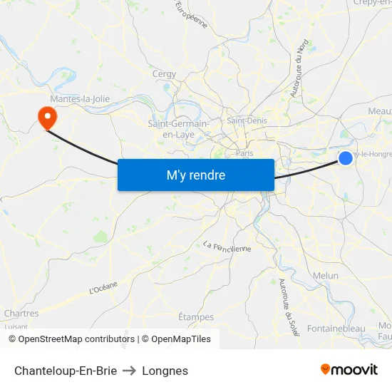 Chanteloup-En-Brie to Longnes map