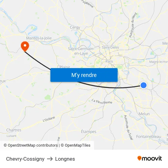 Chevry-Cossigny to Longnes map