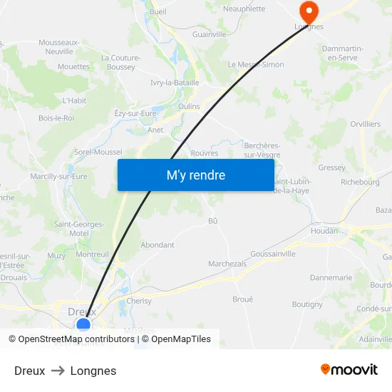 Dreux to Longnes map