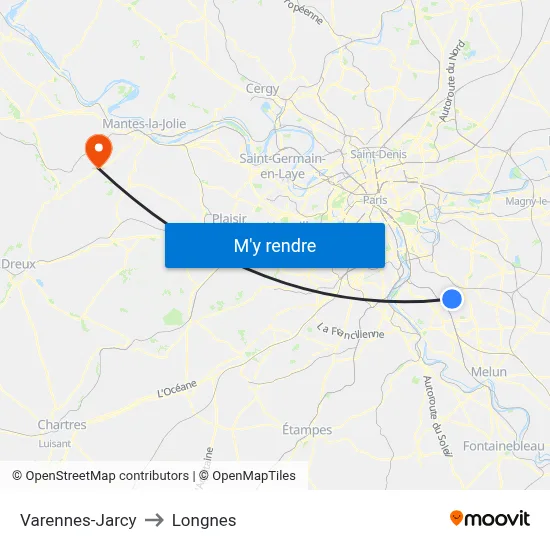 Varennes-Jarcy to Longnes map