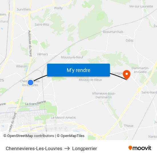 Chennevieres-Les-Louvres to Longperrier map