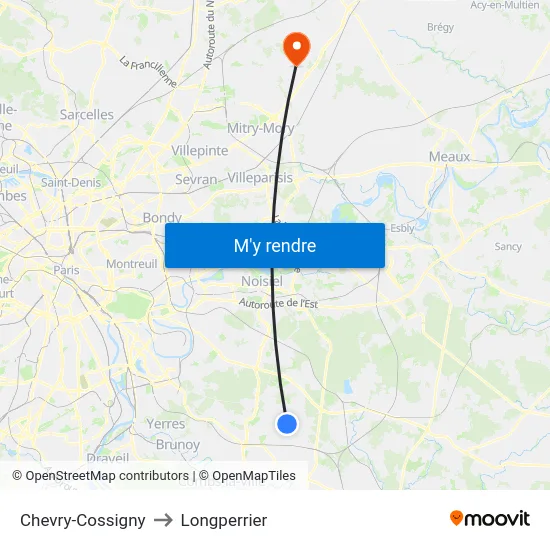 Chevry-Cossigny to Longperrier map