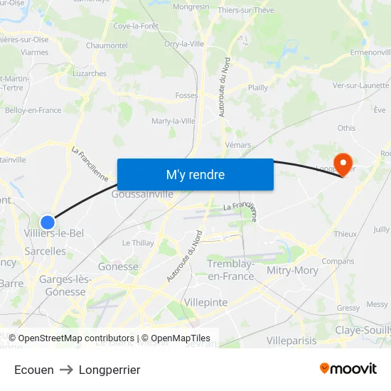 Ecouen to Longperrier map