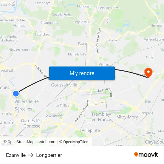Ezanville to Longperrier map
