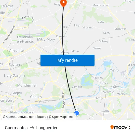 Guermantes to Longperrier map