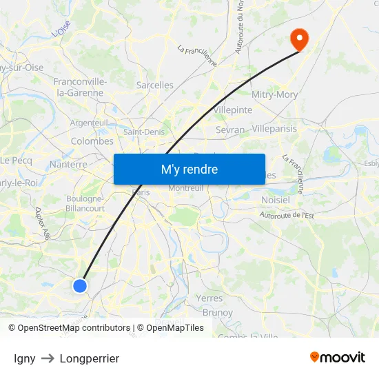 Igny to Longperrier map