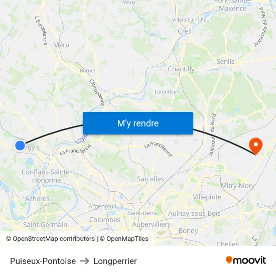 Puiseux-Pontoise to Longperrier map