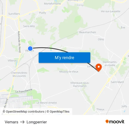 Vemars to Longperrier map