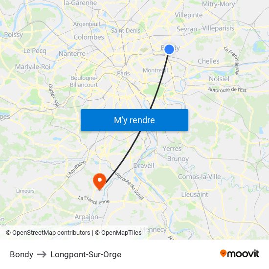 Bondy to Longpont-Sur-Orge map