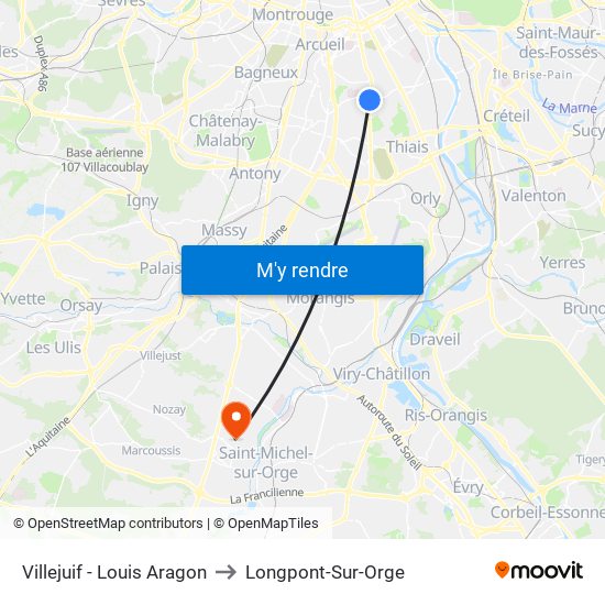 Villejuif - Louis Aragon to Longpont-Sur-Orge map