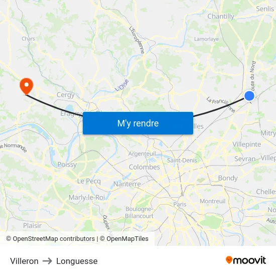 Villeron to Longuesse map