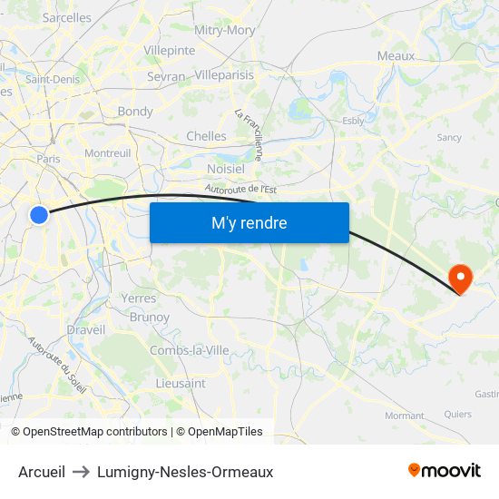 Arcueil to Lumigny-Nesles-Ormeaux map