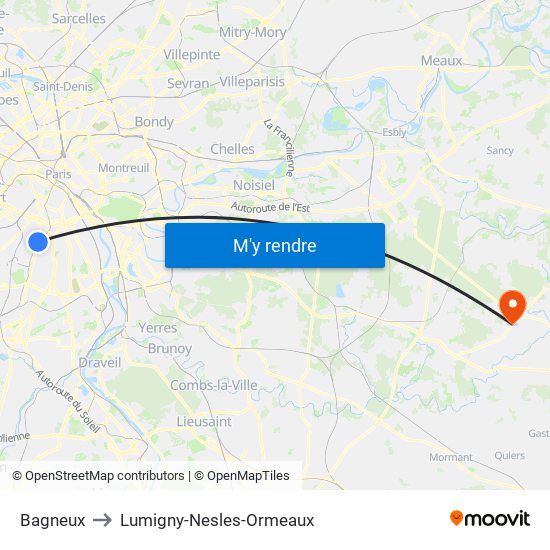 Bagneux to Lumigny-Nesles-Ormeaux map