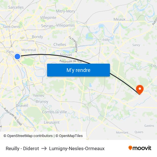 Reuilly - Diderot to Lumigny-Nesles-Ormeaux map