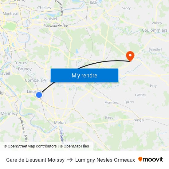 Gare de Lieusaint Moissy to Lumigny-Nesles-Ormeaux map