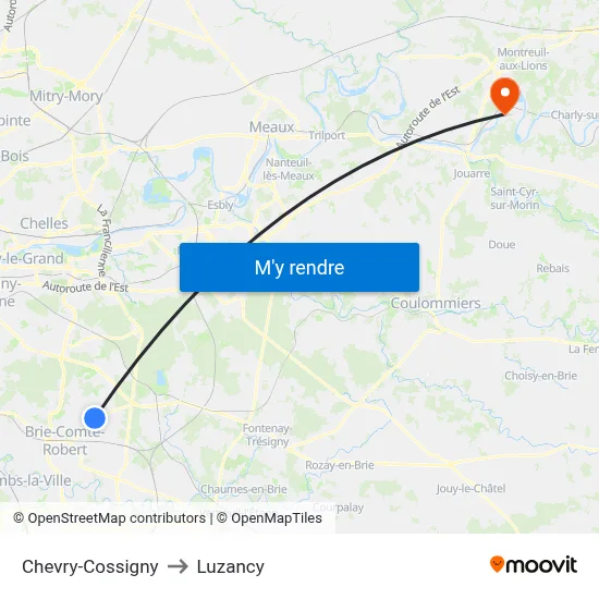 Chevry-Cossigny to Luzancy map