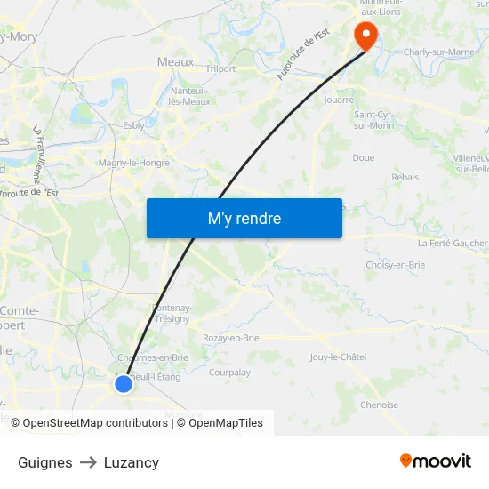 Guignes to Luzancy map