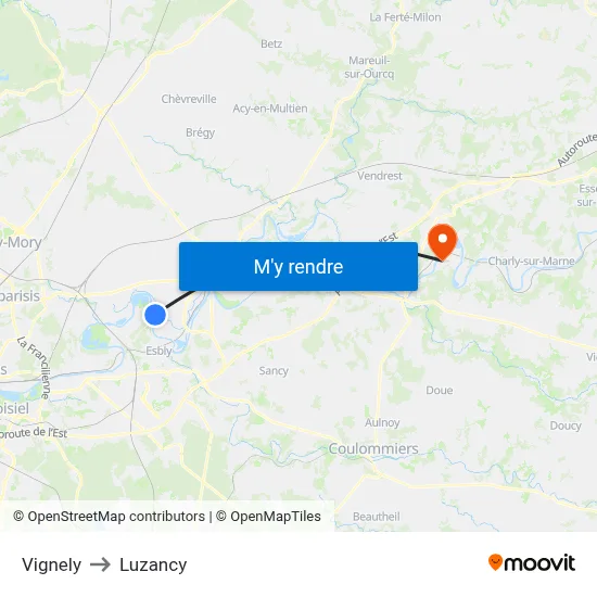 Vignely to Luzancy map