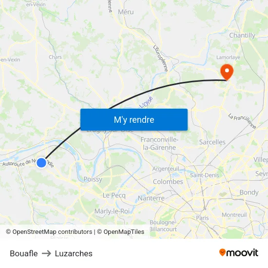 Bouafle to Luzarches map
