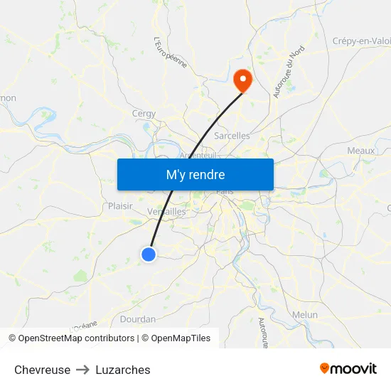 Chevreuse to Luzarches map