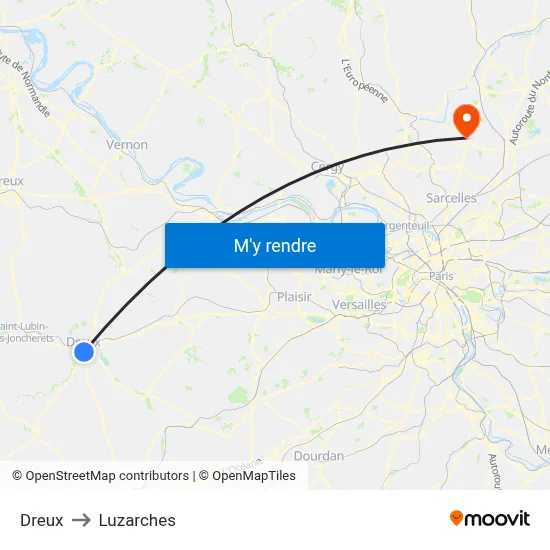 Dreux to Luzarches map