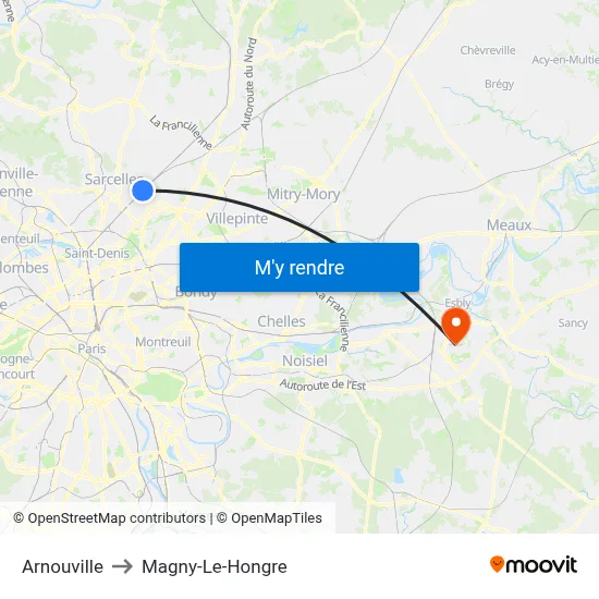 Arnouville to Magny-Le-Hongre map