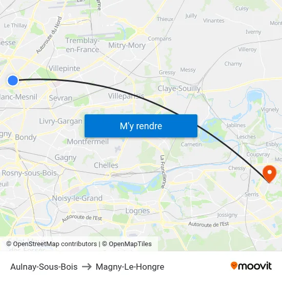 Aulnay-Sous-Bois to Magny-Le-Hongre map