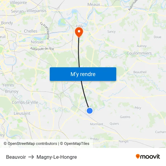 Beauvoir to Magny-Le-Hongre map
