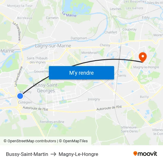 Bussy-Saint-Martin to Magny-Le-Hongre map