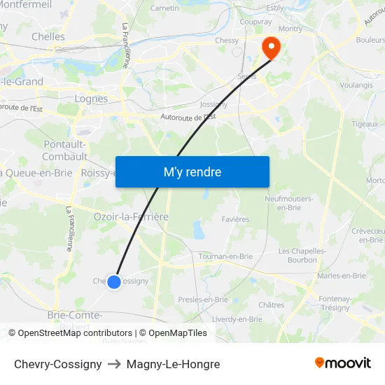 Chevry-Cossigny to Magny-Le-Hongre map