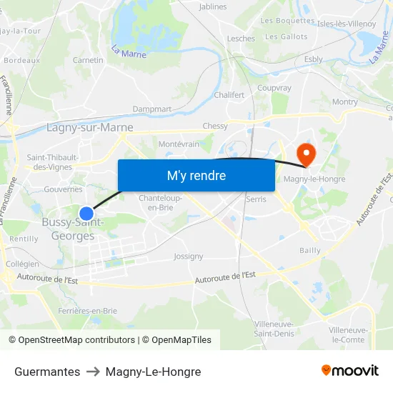 Guermantes to Magny-Le-Hongre map