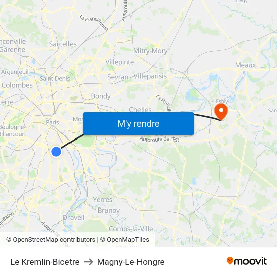 Le Kremlin-Bicetre to Magny-Le-Hongre map