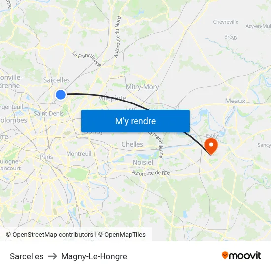 Sarcelles to Magny-Le-Hongre map