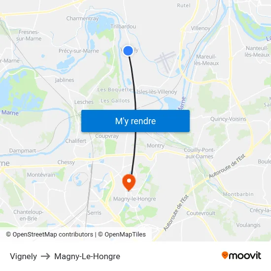 Vignely to Magny-Le-Hongre map