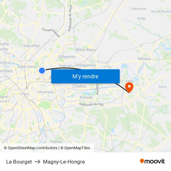 Le Bourget to Magny-Le-Hongre map